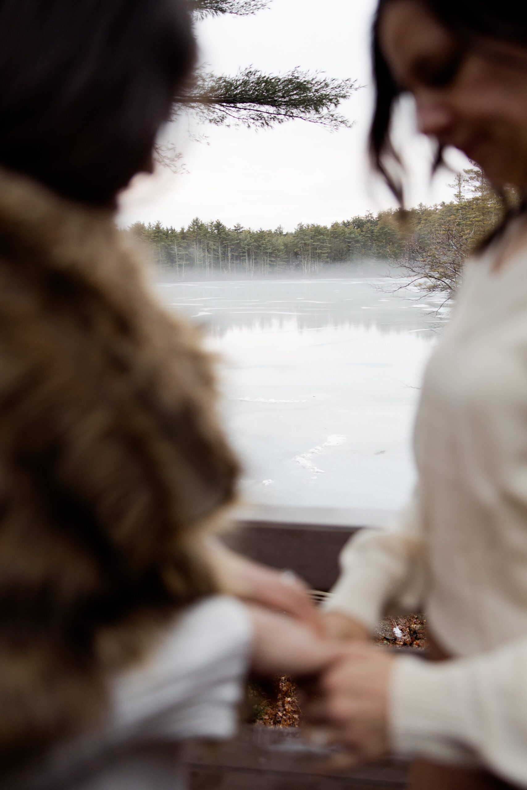 Brides hold hands during their elopement by a mountain cabin lake. 